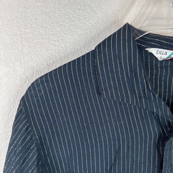 R by Reis Crop Top Size Medium Navy Striped Short Sleeve Distressed Boxy Vintage - Picture 2 of 10